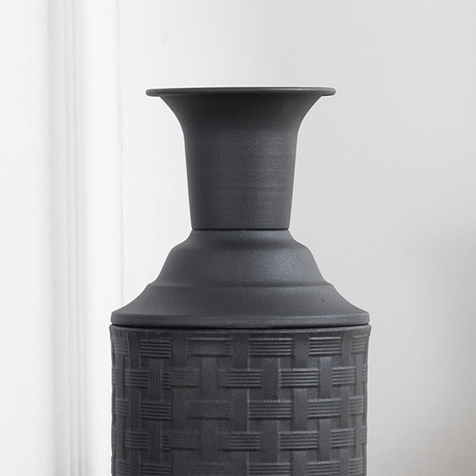 Tall Floor Vase Set of 3 Large Black Vase Tall Vases for Floor Vases Home Decor Large for Pampas Grass, Metal Material, Handcrafted Rattan Pattern, Matte Black