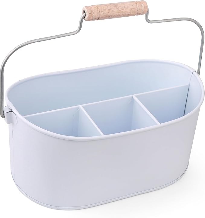 Alpha Living Home Farmhouse 4-Section Galvanized Utensil Caddy - Versatile Organizer for Kitchen, Party & Outdoor Events (Snow White) - Rustic Silverware Holder, Cutlery Organizer, Picnic (White)