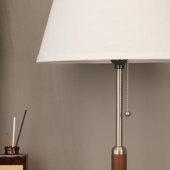 21" Table Lamps for Night Stands Bedside Lamp for Living Room Bedroom Lamp for End Tables 3-Color Pull Chain Switch Walnut Wood Fabric for Home/Office/Desk Decor (Off White+Brushed Nickel)