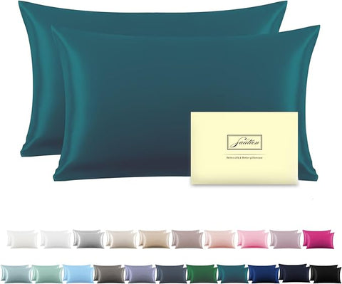 Silk Pillow Cases 2 Pack Soft Breathable and Sliky Standard Size Pillow Cases Set of 2,Natural Mulberry Satin Silk Pillowcase with Hidden Zipper for Hair and Skin (Teal,20"X 26",2pcs)