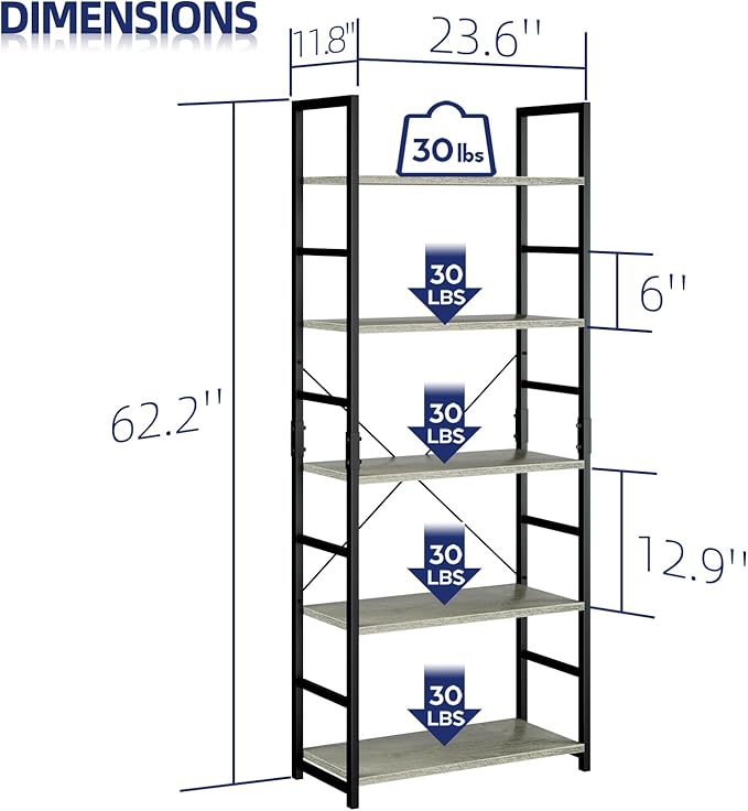 NUMENN 5 Tier Bookshelf, Tall Bookcase Shelf Storage Organizer, Modern Book Shelf for Bedroom, Living Room and Home Office, Grey