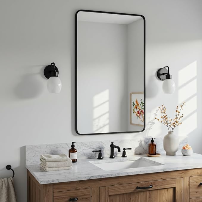 24"x30" Bathroom Wall Mirror with Matte Black Metal Frame & HD Glass, Copper-Free Mirrors Modern Rectangle Round Corner Framed Vanity Mirror - Horizontal or Vertical Installation