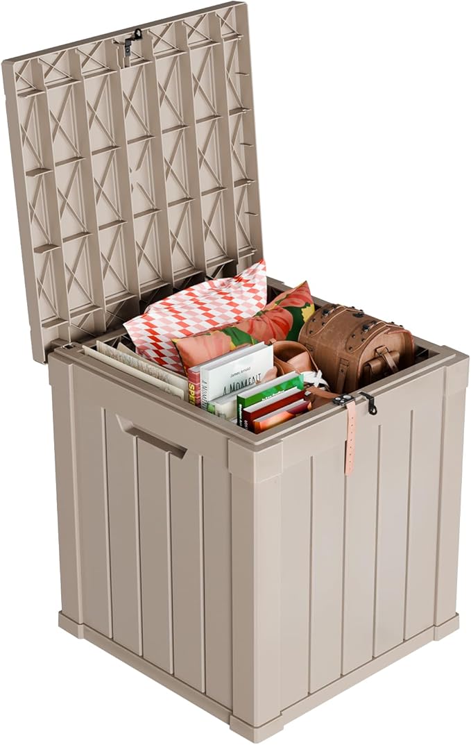 ROJIK Outdoor Storage Housing Deck Box - Waterproof Patio Furniture, Garden Tools, Cushions, Pool Accessories Storage Bench with Lockable Lid and Side Handles (Grey, 50 Gal)