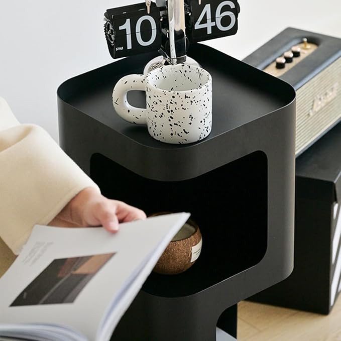 Modern Side Table,Small end Table for Small Spaces,Metal nightstand with Storage Shelf,Space-Saving Bedside Table Accent Table Drink Tables for Living Room,Bedroom.No Assembly Required (Black)