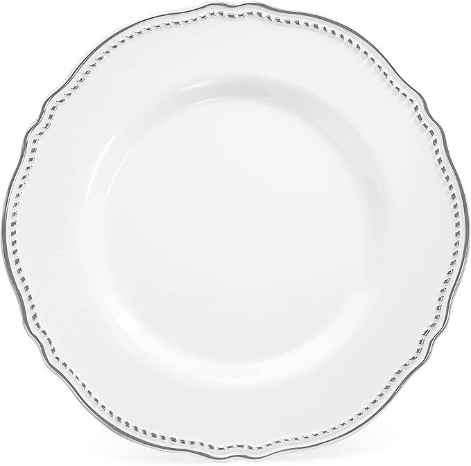 " OCCASIONS " 240 Plates Pack,(120 Guests) Heavyweight Premium Disposable Plastic Plates Set -120 x 10.25'' Dinner + 120 x 7.5'' Salad/Dessert (Rochelle White and Silver)