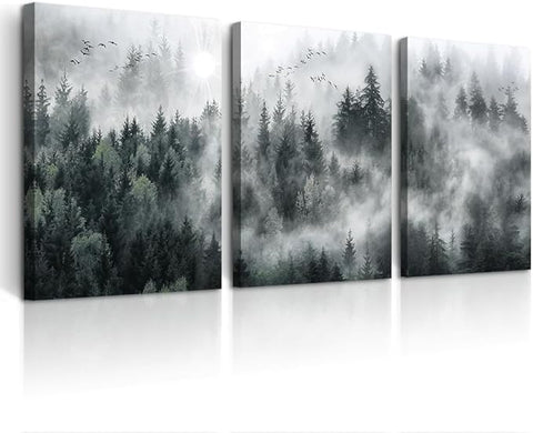 DZRWUBHS 3 Pieces Wall Decor Living Room Canvas Wall Art For Bedroom Office Decoration Foggy Forest Trees Scenery Wall Painting Landscape Wall Pictures Prints Artworks Ready To Hang Room Home Decor
