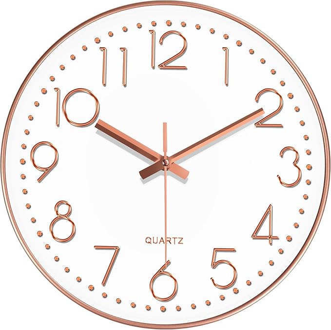 Modern Silent Wall Clock - 12 Inch Wall Clocks Battery Operated Large Number, Non-Ticking Analog Clock with Tempered Glass Quartz Clocks for Living Room Bedroom Office Kitchen, Rose Gold