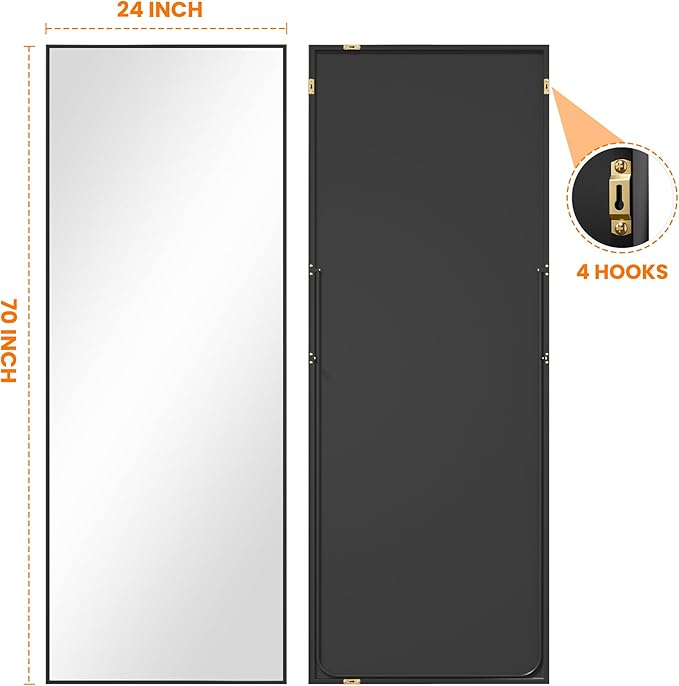 Full Length Standing Mirror, 70"x24" Black Full Body Mirror With Aluminum Alloy Frame, Free Standing or Wall Mount for Bedroom, Living Room, Dressing Room