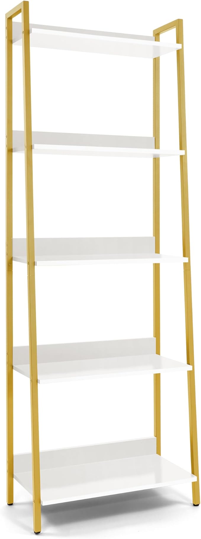 CAPHAUS 5 Tier Ladder Bookshelf, 24 Inch Width Free Standing Shelf, Bookcase Shelf Storage Rack Organizer, Industrial Book Shelves for Home Office, Living Room, Kitchen, White Shelves & Gold Frame