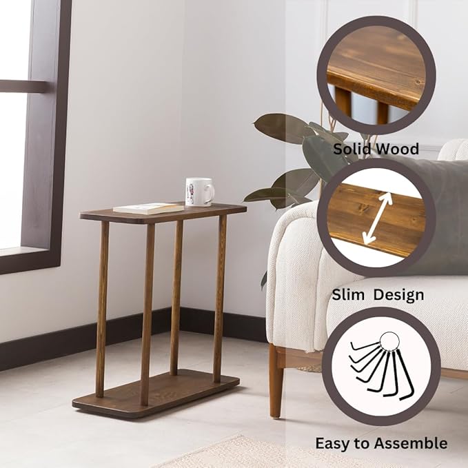 Rectangular Solid Wood Narrow Side Table, Skinny Bedside Table, Small End Table (Dark Walnut, X-Large)