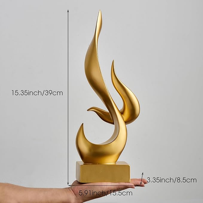 FJS Gold Decor Modern Flame Statue Decorations for Living Room, 15.3" H Resin Sculptures Home Décor Accents, Abstract Art Sculpture for Shelf Dining Room Office Coffee Table Centerpiece