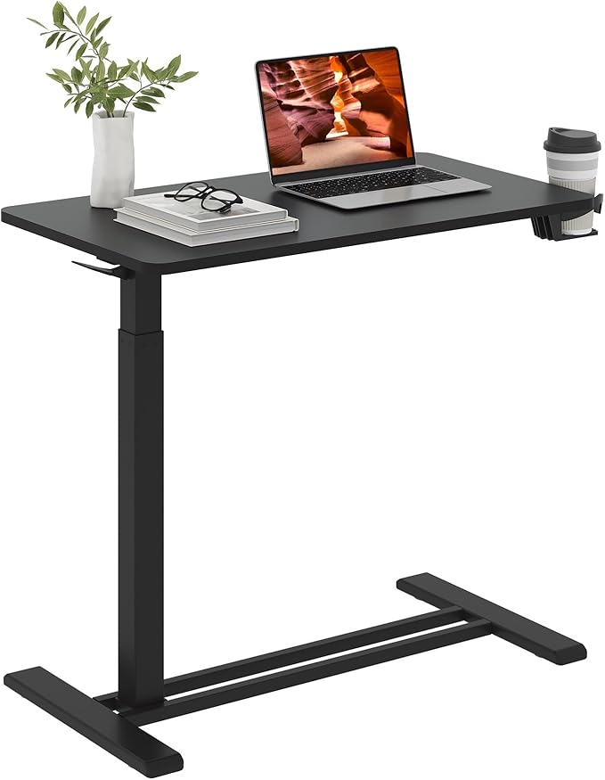 Medical Overbed Adjustable Bedside Table with Hidden Casters, Mobile Pneumatic Rolling Laptop Standing Desk with Tray for Home & Hospital Use, Black Tabletop + Black Edging