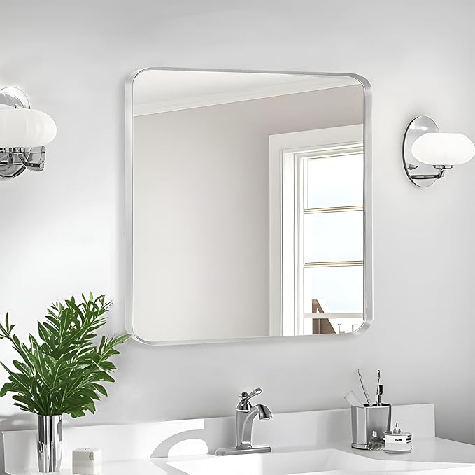 Wall Mount Mirror for Bathroom, Brush Silver Metal Framed Rounded Corner Square Rectangular Vanity Mirror (30" x 30", Silver)