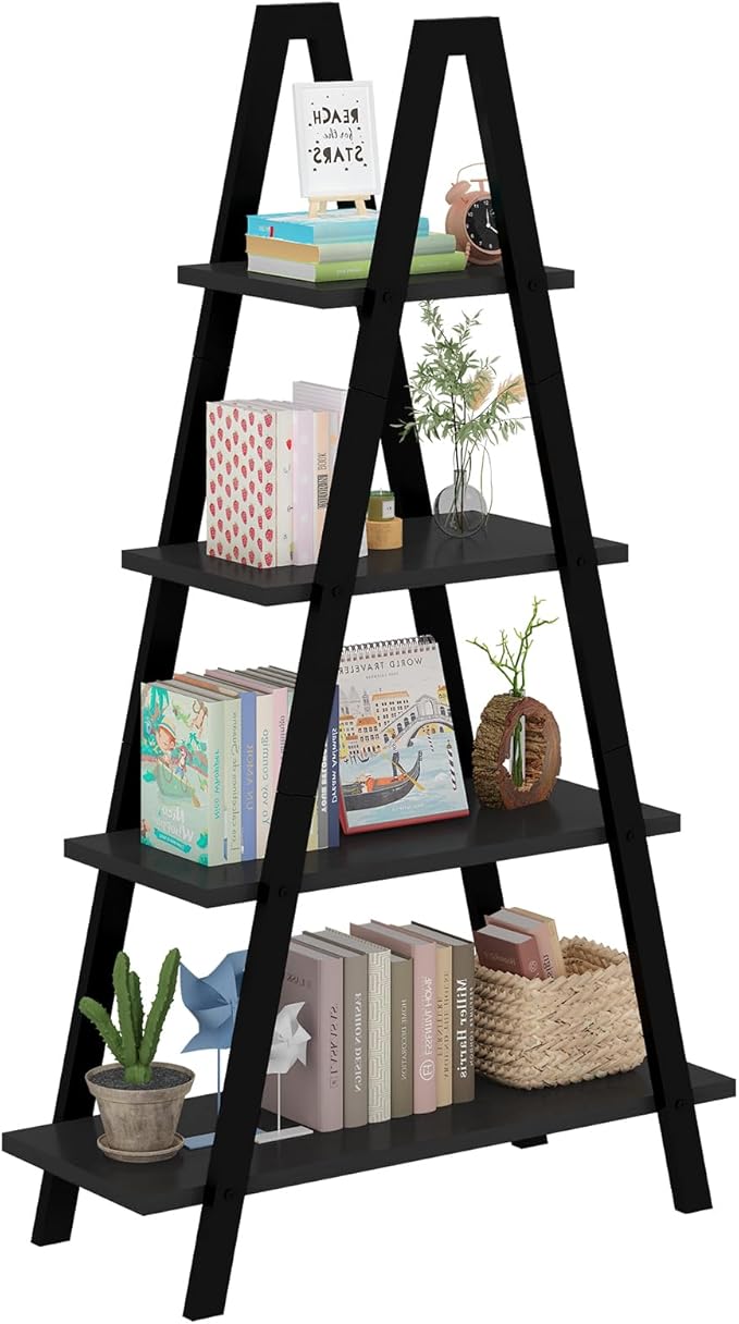DKLGG 4-Tier A-Shaped Bookshelf, Industrial Metal Bookcase, Standing Bedroom Ladder Shelf, Open Display Shelves, Plant Stand Shelf Indoor, MDF Bookshelves for Living Room, Office, Small Spaces