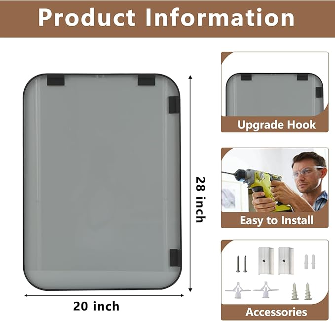 Matte Black Mirror, 20"x28" Rectangle Bathroom Mirror, Metal Frame Rectangle Corner Vanity Mirror, Wall Mounted Mirror for Modern, Living Room, Bedroom, Horizontal Or Vertical