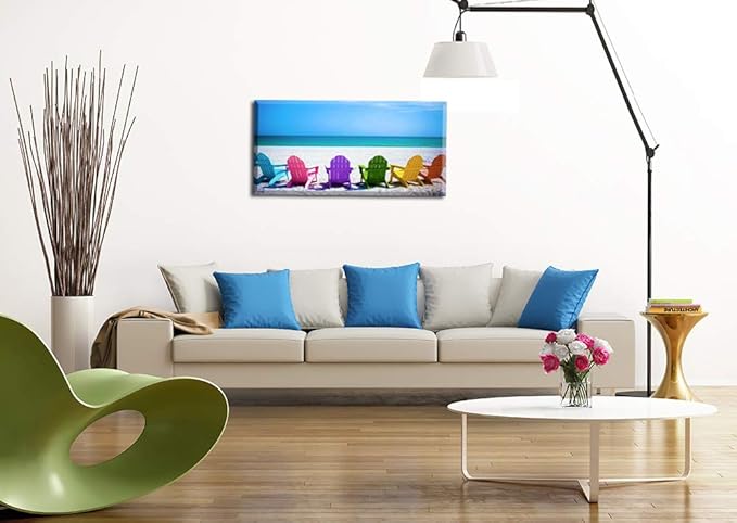 Beach Canvas Wall Art for Living Room, PIY Blue Sea with Colorful Chairs Picture Prints Decor, Relax Leisure Time Home Decorations (1" Thick Frame, Waterproof, Bracket Mounted Ready Hanging)