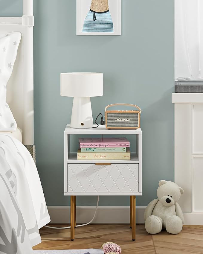Nightstand,Morden Bedside Table with Gold Frame,Small White Night Stand,End Table,Bedside Furniture,Side Table with Drawer and Shelf for Bedroom,Living Room (1Drawer, White-Outlet-pane)