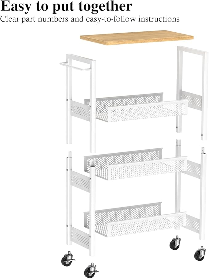 Utility Slim Storage Cart, 4-Tier Narrow Bathroom Organizers and Storage Cart, Narrow Metal Kitchen Laundry Room Organization Shelf with Wood Top, Slim Rolling Carts with Wheels for Small Space