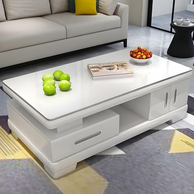 RUNNUP Modern Rectangular Glass Coffee Table with White Wood Base and Storage 2-Tier Coffee Table Accent Center Sofa Table for Living Room, White 47" L x 24" W x 16.5" H