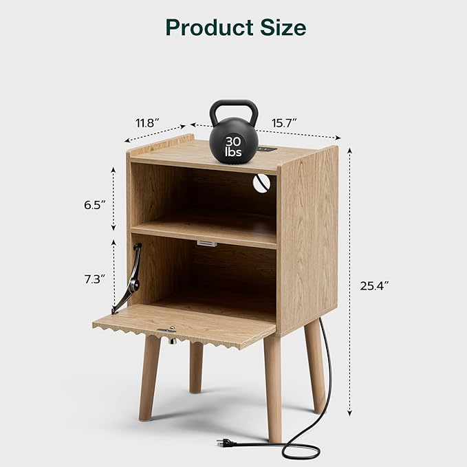 Side Table with Charging Station, Modern End Table with Fluted Drawer, Bedside Table, Night Stand with 2 Tiers Storage Space, for Bedroom, Living Room, Oak
