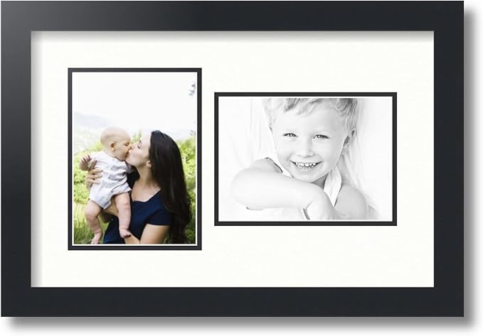ArtToFrames Collage Photo Frame Double Mat with 2-5x7 inch Openings with Black Frame and Fabric White Top Mat