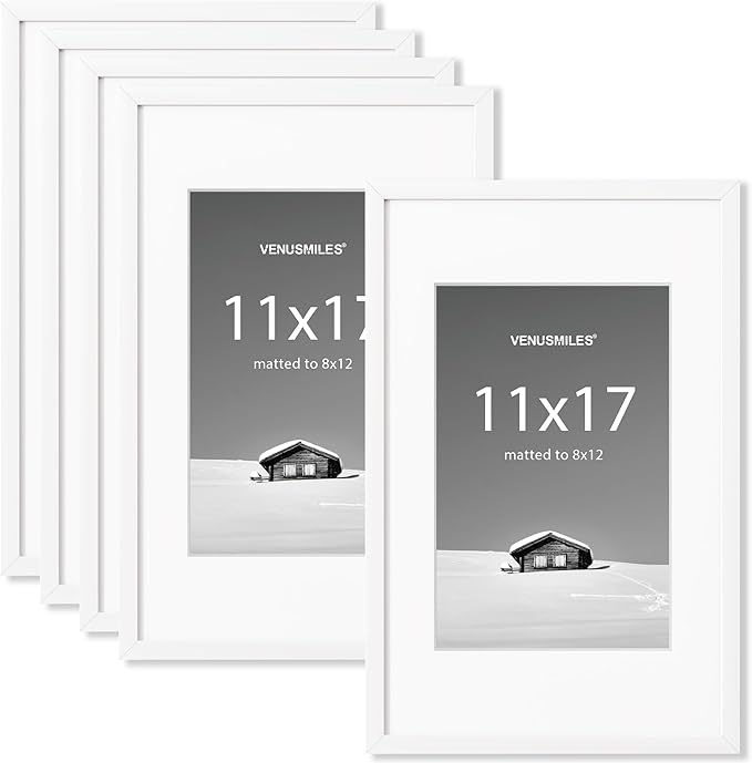 11x17 inch Picture Frame, 11x17 Photo Frames with 8x12 Removable Mat - High Definition Plexiglass - Vertical and Horizontal Display - Wall Hanging Frame - White, 5 Pack