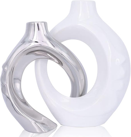 White Ceramic Vase Set of 2, White and Silver Round Donut Ceramic Decorative Vase for Living Room Decor, Bookshelf, Mantel, Dining Table Centerpiece Decor (White Silver)