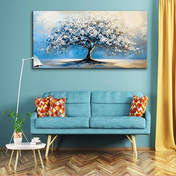 Contemporary Tree of Life Wall Art for Living Room Office Navy Blue White Floral Canvas Painting Prints Nature Artwork over the Couch Bedroom Decor (20x40 Inches)