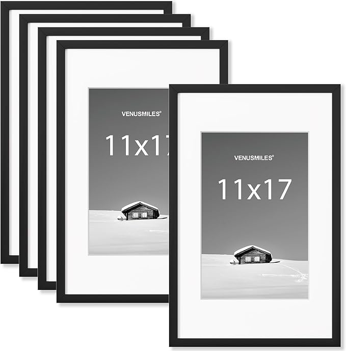 11x17 inch Picture Frame, 11x17 Photo Frames with Removable Mat - High Definition Plexiglass - Vertical and Horizontal Display - Wall Hanging Frame - Black, 5 Pack