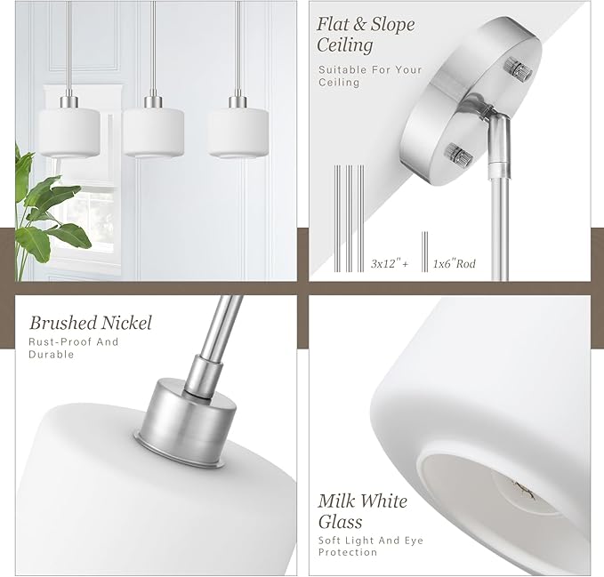 Brushed Nickel Pendant Lights Kitchen Island, 1-Light Modern Milk Glass Hanging Light Fixtures with Rods, Mini Kitchen Pendant Lighting Over Island for Sink Bathroom, OS-YQ8153-1PBN