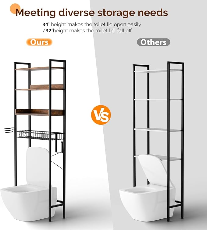 VINGLI Over-The-Toilet Storage Cabinet | 4-Tier Adjustable Shelves with Basket & Hairdryer Holder | Freestanding Bathroom Organizer Above Toilet, Durable Space-Saving Rack with Hooks (Rustic Brown)