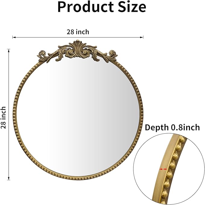 Round Mirror, 28''Baroque Style Circle Mirror Vintage Gold Metal Frame Wall Mirrors for Vanity, Bathroom or Bedroom