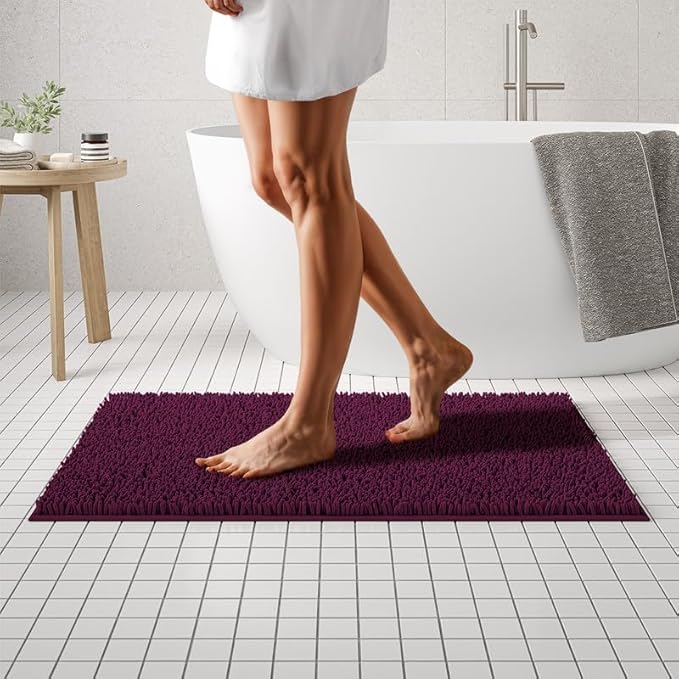 MAYSHINE Plush Shaggy Chenille Bath Mat | Extra Soft, Super Absorbent, Non-Slip Bathroom Rug | Fluffy Microfiber, Area Rug Sets for Bathroom Floor, Kitchen, Living Room | 39"x24" | Burgundy