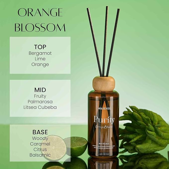 M&SENSE Orange Blossom Reed Diffuser: 6.3 fl oz Non-Toxic Aroma Set with Sticks, Light & Subtle Fragrance, Long-Lasting Natural Essential Oil Gifts for Bedroom, Shelf Decor & Small Spaces