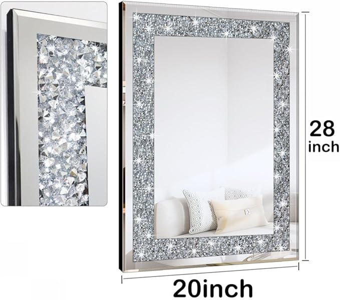 Crystal Crush Diamond Rectangle Silver Mirror for Wall Decoration 20x28inch Wall Hang Frameless Mirror Glass Diamond Decor.