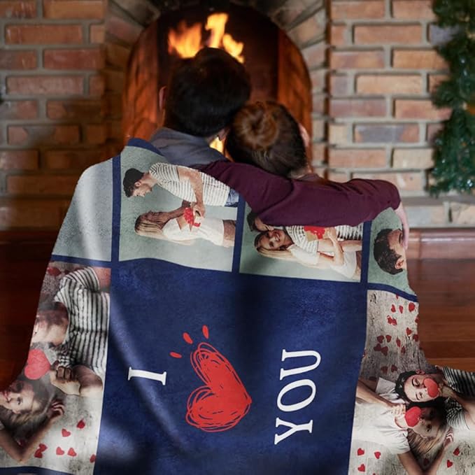 Custom Sherpa Fleece Blanket with Photos Text - Soft, Warm, Fuzzy Personalized Couples Gifts for Boyfriend, Girlfriend - Customized Picture Blanket for Birthday, Anniversary, Christmas