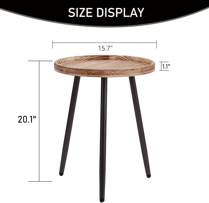 Tiita Round End Table Mental Side Table Nightstand/Small Wood Tables Accent Coffee Table with Wooden Tray for Living Room Bedroom Office Small Space