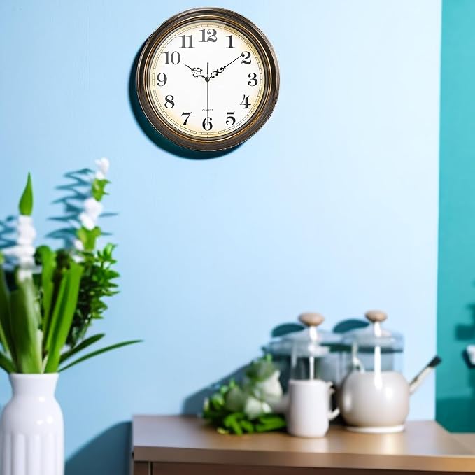 Wall Clock Battery Operated Silent Non-Ticking Vintage Wall Clocks for Kitchen, School, Living Room (12Inch, Bronze)