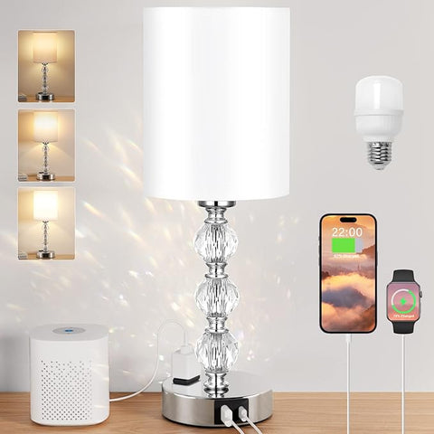 Touch Bedside Crystal Lamps for Bedrooms Nightstand with USB C+A Charging Port and AC Outlet White, 3 Way Dimmable Silver Small End Side Table Lamp for Living/Guest/Dinning Room/Kitchen