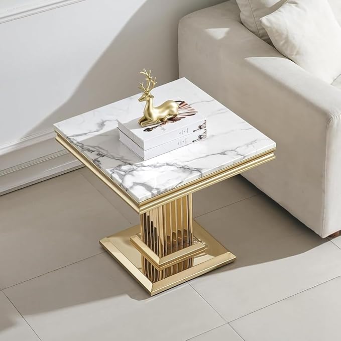 SSLine Modern White Faux Marble End Table Luxury Square Sofa Side Table with Gold Pedestal Base Mid-Century Elegant Bedside Table w/Mirrored Stainless Steel Frame for Living Room Bedroom