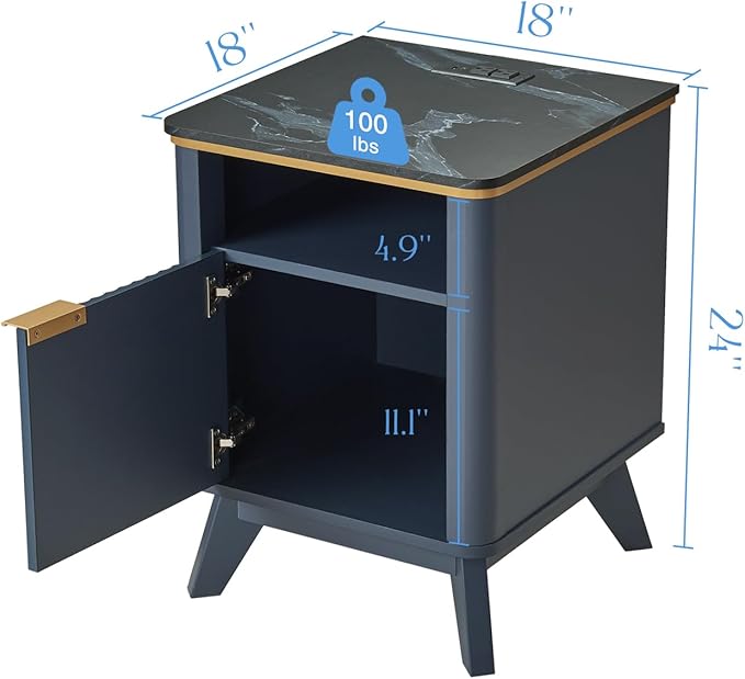 QUW Fluted Nightstand with Charging Station, Bedside Table with Open Storage and Cabinet, 18" Modern Side Table, End Table for Bedroom, Living Room, Navy Blue