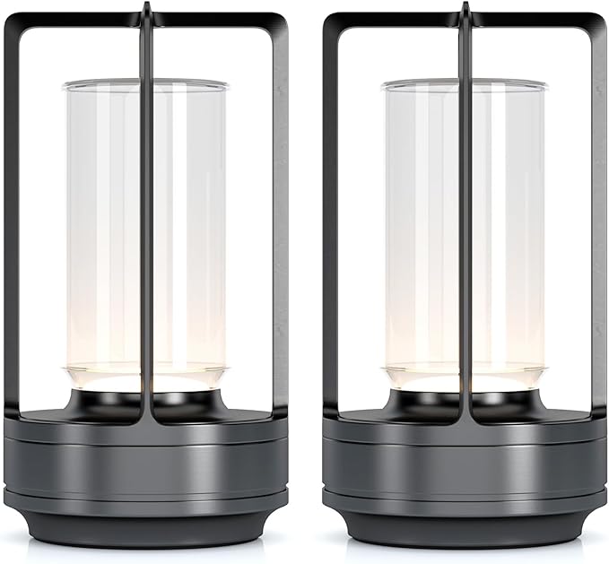 Portable Metal Table Lamp for Indoor/Outdoor ,Rechargeable Cordless LED Lamp, 3-Colour Infinitely Dimming Battery Powered Small Desk Lamp, Restaurant/Bedroom/Bar/Coffee/Camping Light (Grey Set of 2)