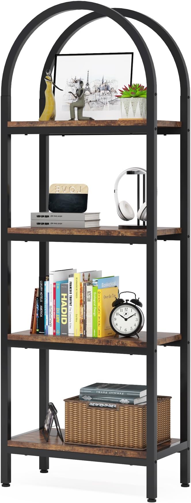 Tribesigns 4-Tier Open Bookshelf, 70.8" Industrial Arched Bookcase Storage Shelves with Metal Frame, Freestanding Display Rack Tall Shelving Unit for Office, Bedroom (Rustic Brown, 1PC)