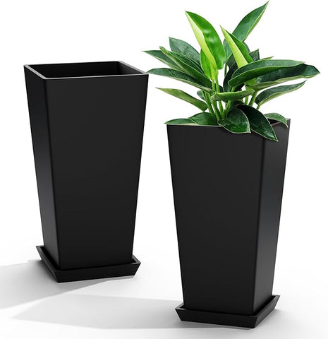 Elevens Set of 2 Tall Outdoor Planters 20 Inch, Large Planters for Indoor Outdoor Plants, Tapered Square Flower Pots with Tray for Patio,Black