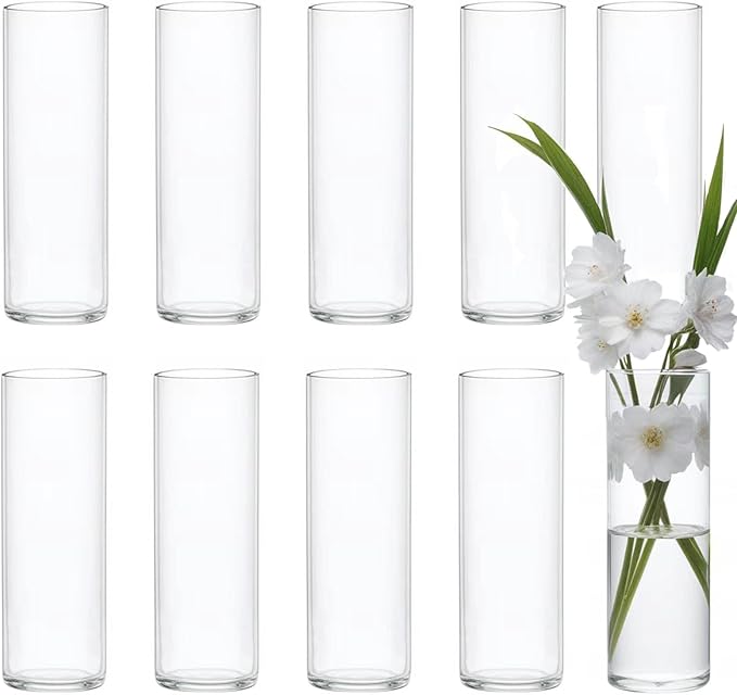 10 Pack Glass Vases for Centerpieces, 8 Inch Tall Small Clear Glass Flower Vase Cylinder Vases for Centerpieces Wedding Home Table Decor