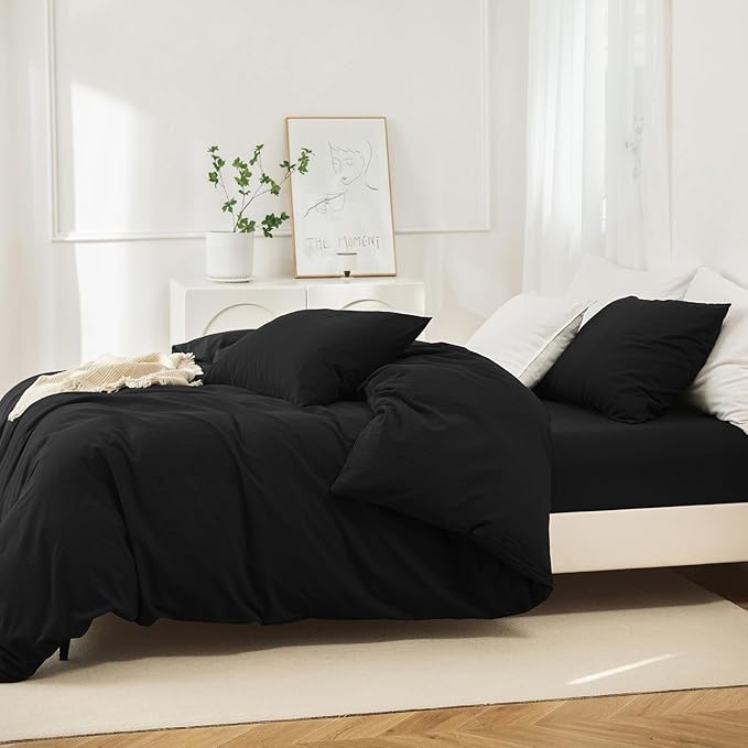 JIYUAN 100% Washed Cotton Duvet Cover Set 3 Pieces Full, 1 Duvet Cover 80x90 Inches(Comforter Not Included) and 2 Pillowcases,Linen Feel Bedding Set Comfy and Breathable,Black