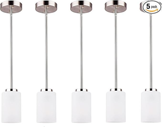 1-Light Mini Pendant Light Fixtures, Industrial Chandelier Hanging Ceiling Lights with Opal White Shade, Adjustable Height, Brushed Nickel Pendant Lighting, 5 Pack