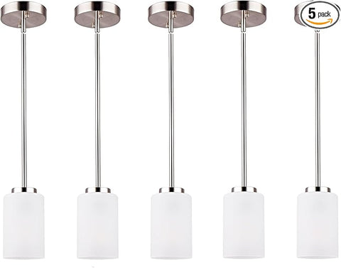 1-Light Mini Pendant Light Fixtures, Industrial Chandelier Hanging Ceiling Lights with Opal White Shade, Adjustable Height, Brushed Nickel Pendant Lighting, 5 Pack