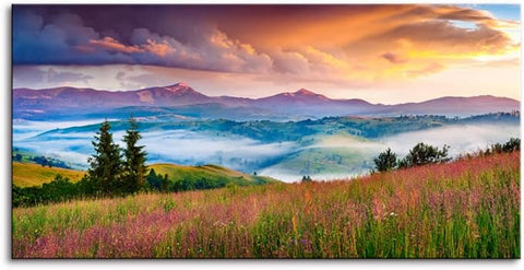 Mountain Valley Large Stretched Canvas Wall Art For Living Room Bedroom Home Decoration,Mordern Foggy Summer Scene Print Picture Painting Decor Giclee Artwork,Gallery Wrapped Gift,Inner Frame(24x48)