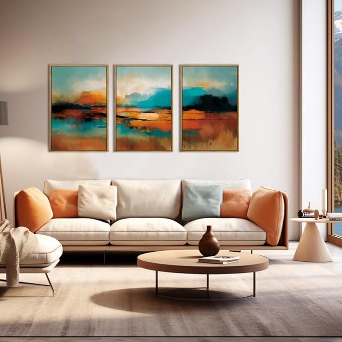 Large Abstract Burnt Orange Framed Canvas Wall Art,Neutral Blue and Black Wall Decor,Modern Brush Stroke Artwork,Minimalist Watercolor Art Print for Living Room,Bedroom,Office- 24"x36"x3